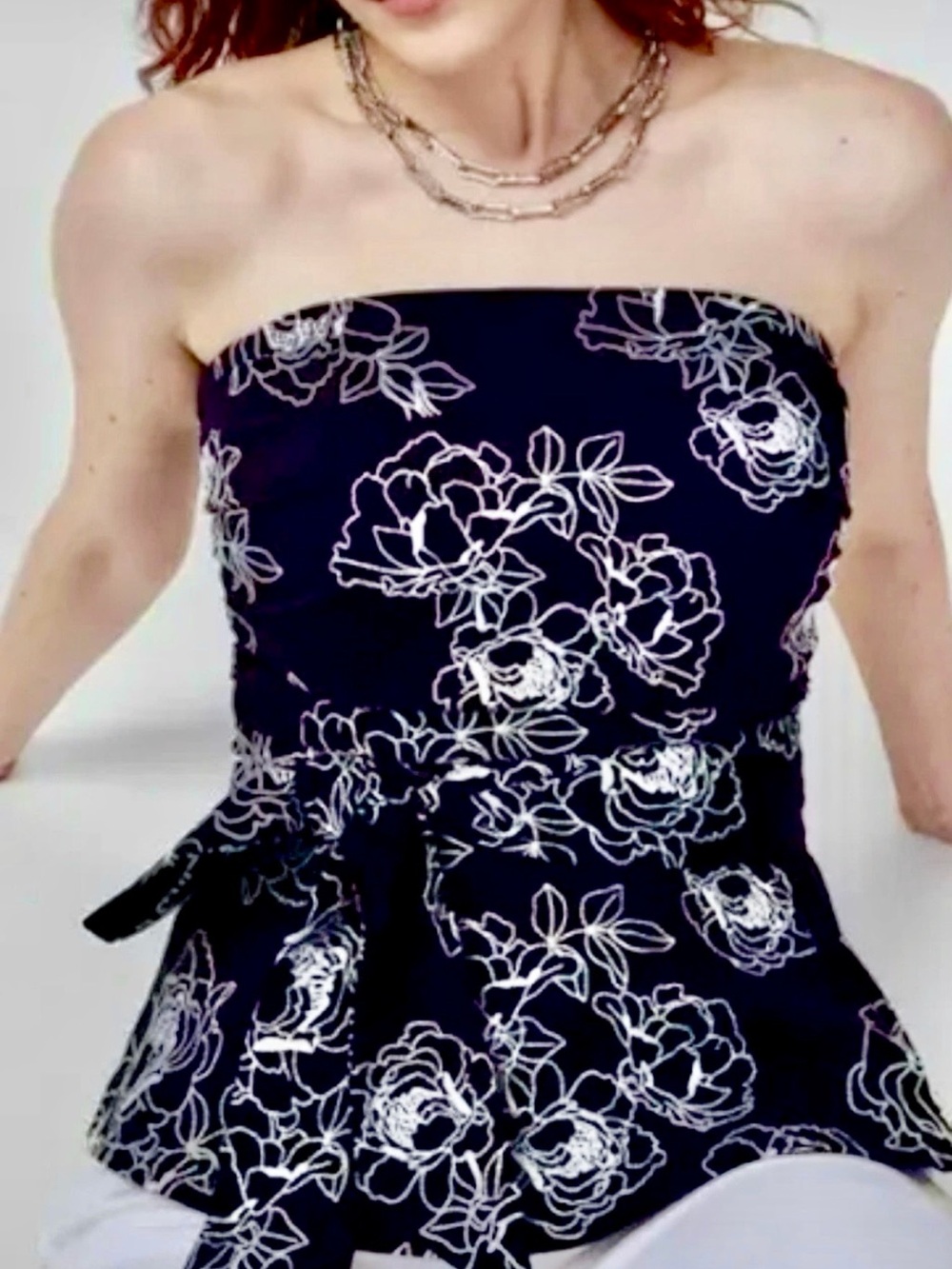 White House Black Market black and white  Strapless Floral Top